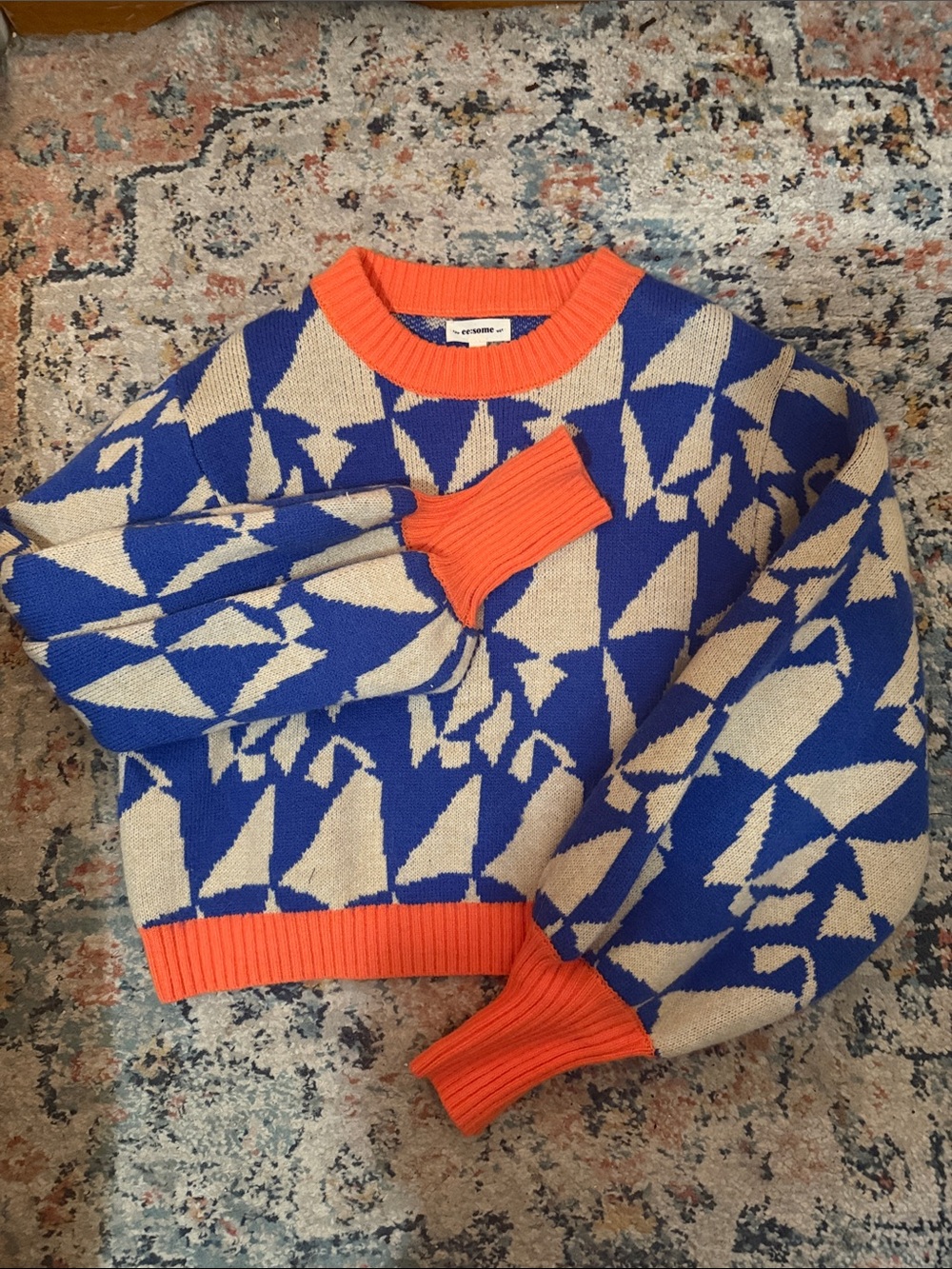 eesome Blue and Cream Geometric Crewneck with Orange Trim